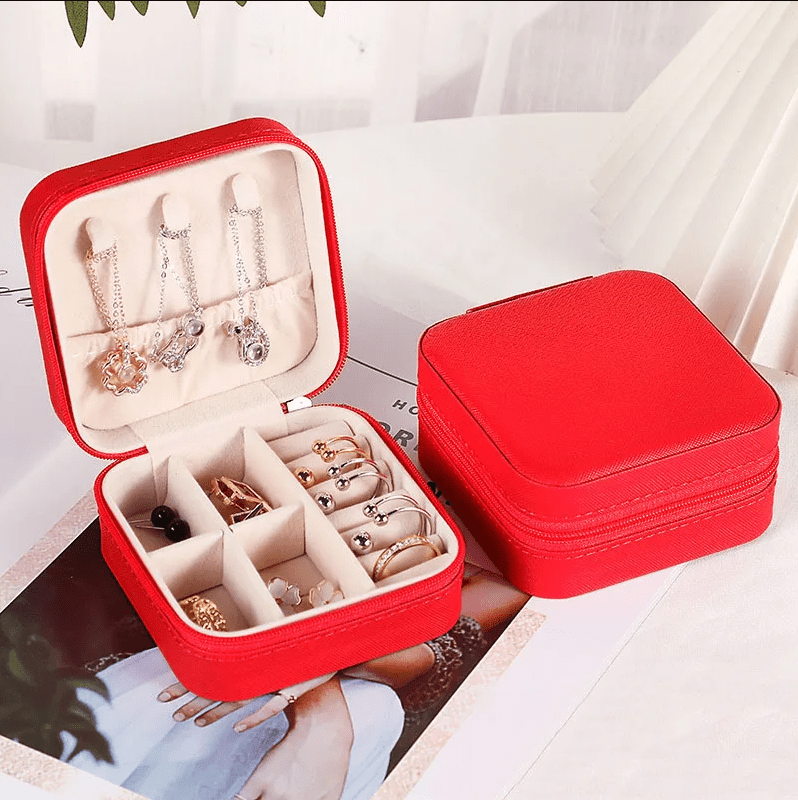 Red Square Cross Pattern Luxury Travel Jewellery Box - Jewellery Boxes - 18k Gold Plated Waterproof Jewellery - Collection 9
