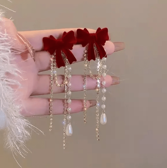 Red Velvet Bow Crystal Tassel Earrings - Earrings - 18k Gold Plated Waterproof Jewellery - Collection 9