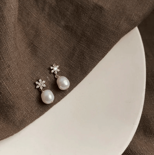 Silver Crystal Flower Freshwater Pearl Drop Earrings - - 18k Gold Plated Waterproof Jewellery - Collection 9