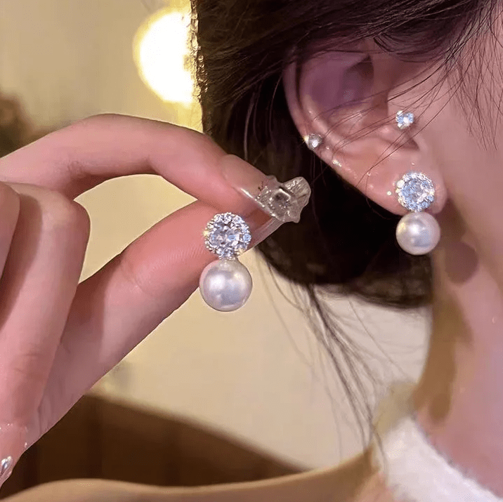 Silver Crystal Pearl Drop Earrings - Earrings - 18k Gold Plated Waterproof Jewellery - Collection 9