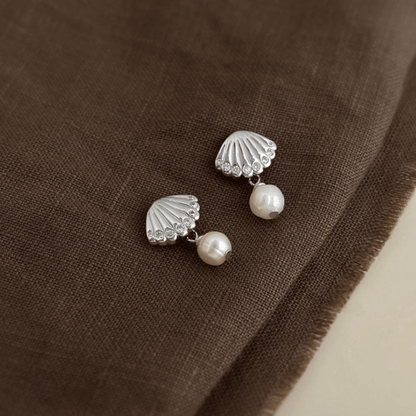 Silver Shell Freshwater Pearl Drop Earrings - - 18k Gold Plated Waterproof Jewellery - Collection 9