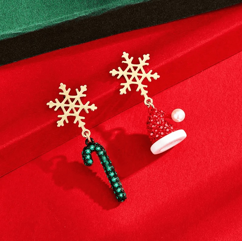 Snowflake Candy Cane & Santa Hat Drop Earrings - Earrings - 18k Gold Plated Waterproof Jewellery - Collection 9