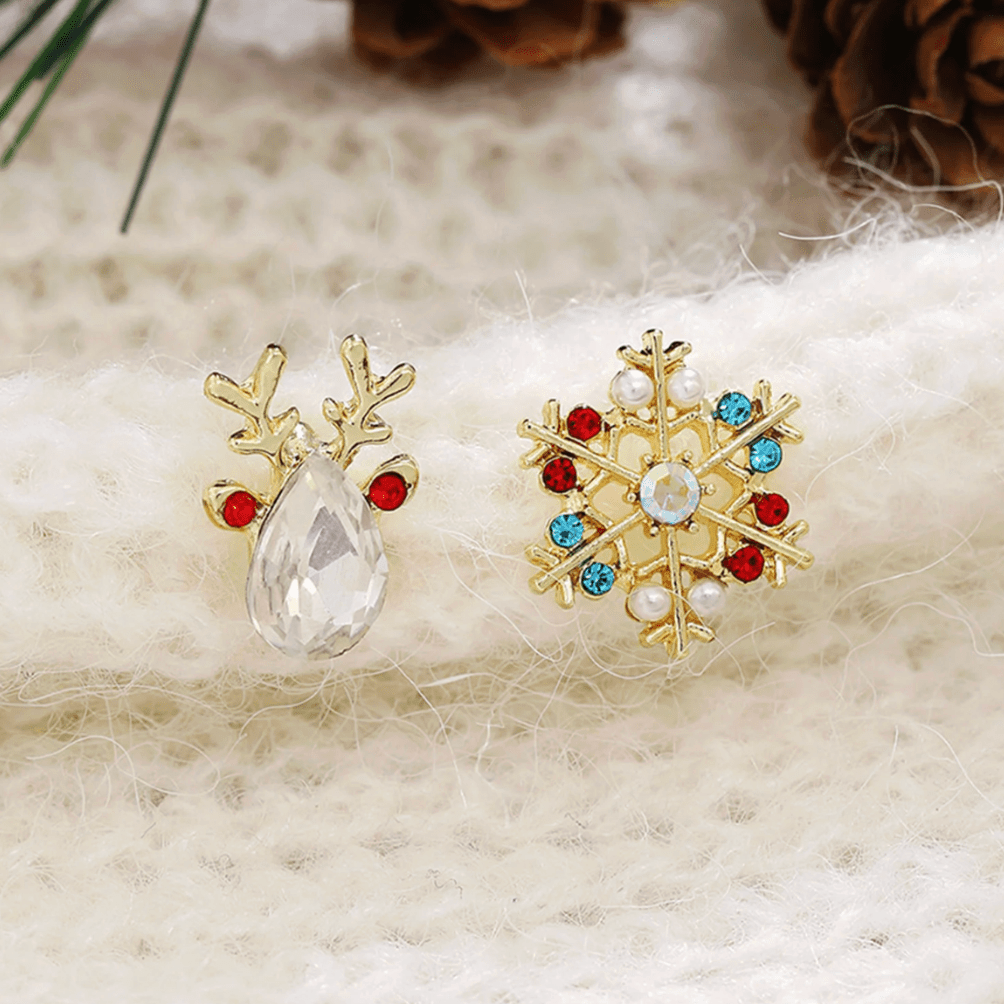 Snowflake & Reindeer Asymmetric Stud Earrings - Earrings - 18k Gold Plated Waterproof Jewellery - Collection 9