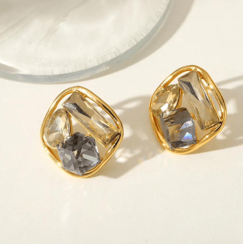 Square Water Droplets Stud - - 18k Gold Plated Waterproof Jewellery - Collection 9