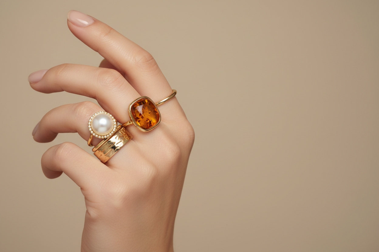 Stacked gold rings with hand positioned left