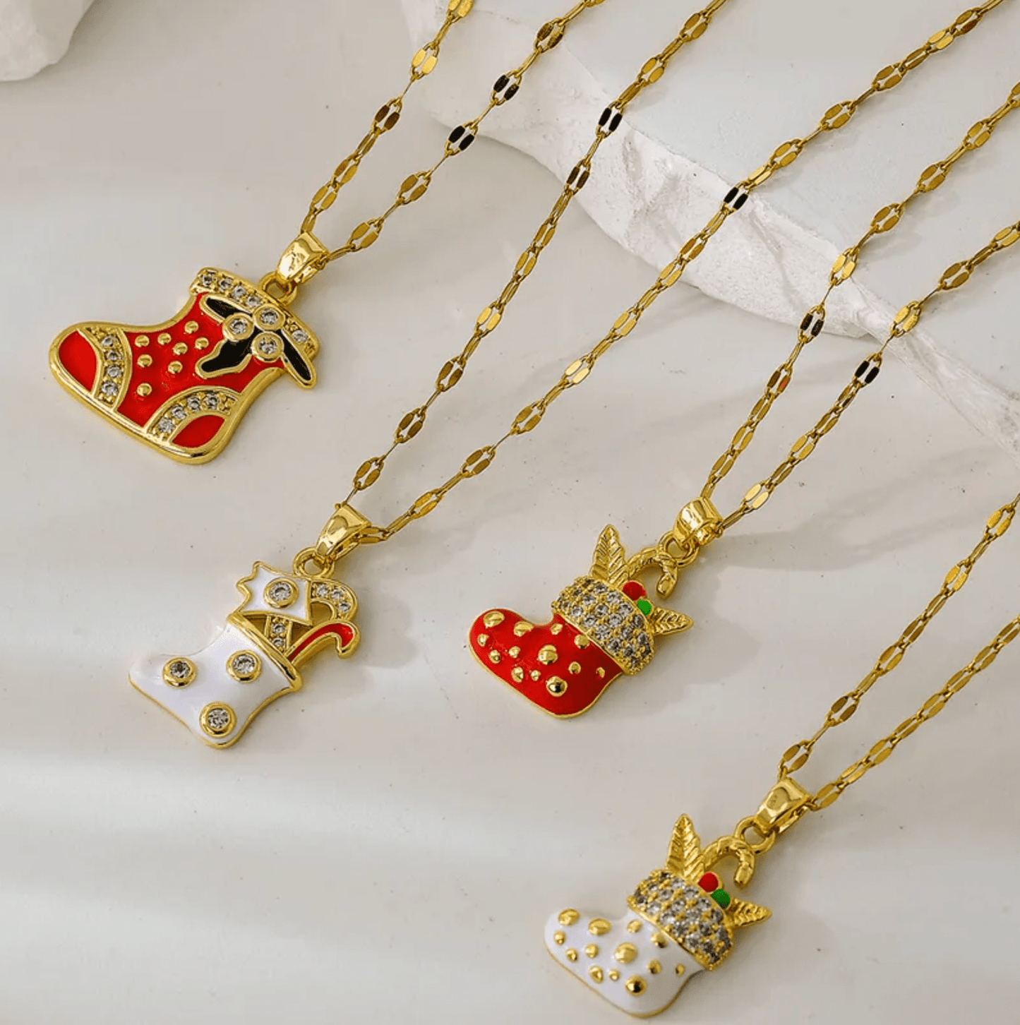 White & Gold Christmas Stocking Pendant Necklace - Necklaces - 18k Gold Plated Waterproof Jewellery - Collection 9