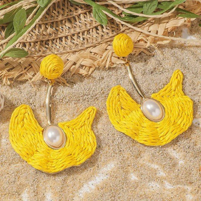 Yellow Raffia Fan Shell & Pearl Centre Drop Earrings - Drop Earrings - 18k Gold Plated Waterproof Jewellery - Collection 9