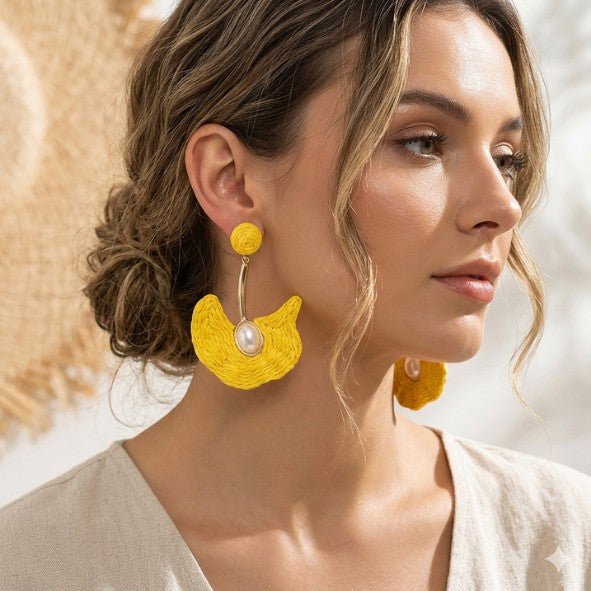 Yellow Raffia Fan Shell & Pearl Centre Drop Earrings - Drop Earrings - 18k Gold Plated Waterproof Jewellery - Collection 9