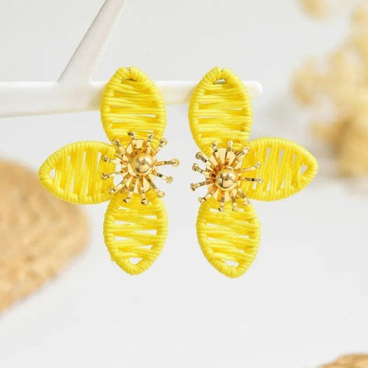 Yellow Raffia Four - Petal Flower & Gold Sunburst Stud Earrings - Collection 9 Ltd