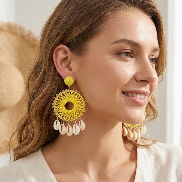 Yellow Raffia Sunburst Disc & Cowrie Shell Drop Earrings - Drop Earrings - 18k Gold Plated Waterproof Jewellery - Collection 9