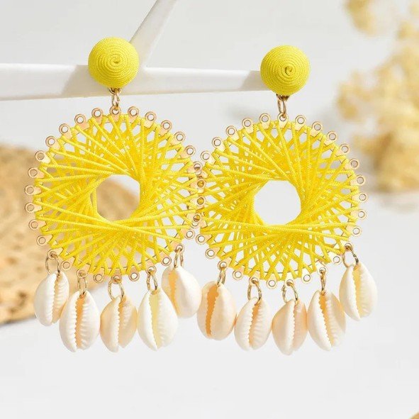 Yellow Raffia Sunburst Disc & Cowrie Shell Drop Earrings - Drop Earrings - 18k Gold Plated Waterproof Jewellery - Collection 9