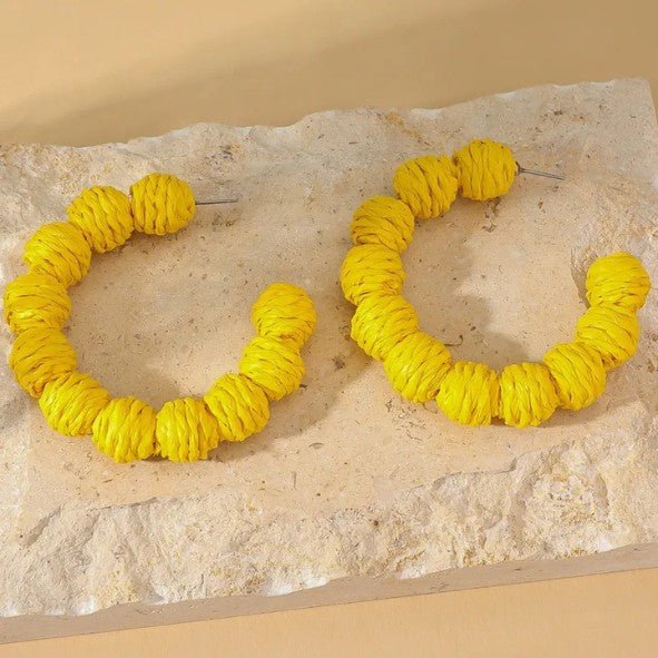 Yellow Raffia Wrapped Ball Hoop Earrings - Collection 9 Ltd