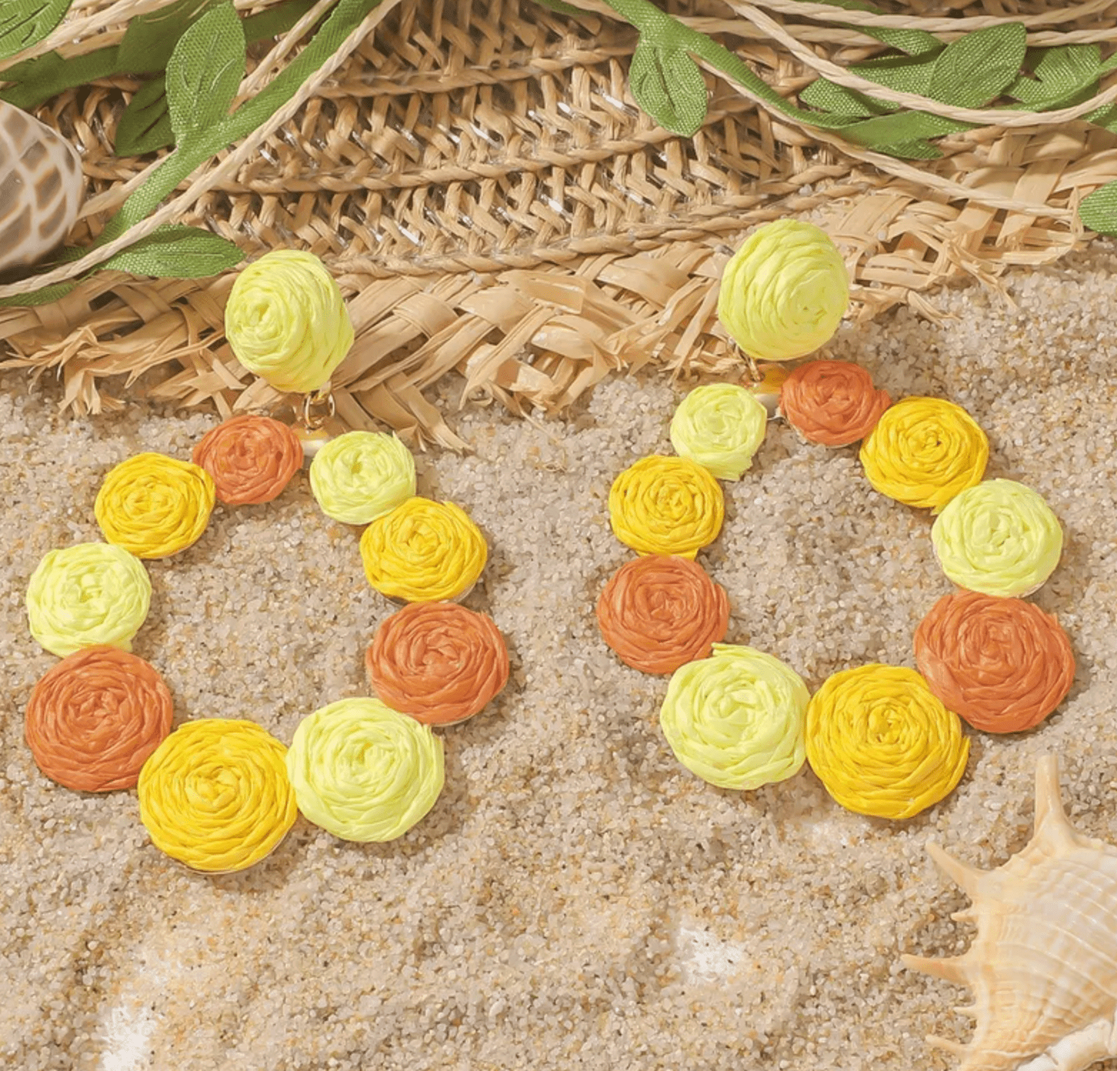 Yellow & Terracotta Raffia Coil Rosette Hoop Drop Earrings - Drop Earrings - 18k Gold Plated Waterproof Jewellery - Collection 9